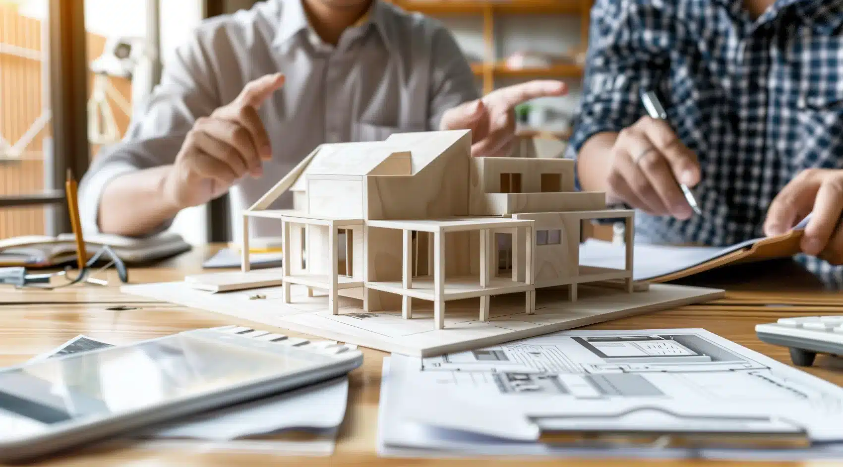 Deux personnes préparant un projet de prospection immobilière dans leur bureau