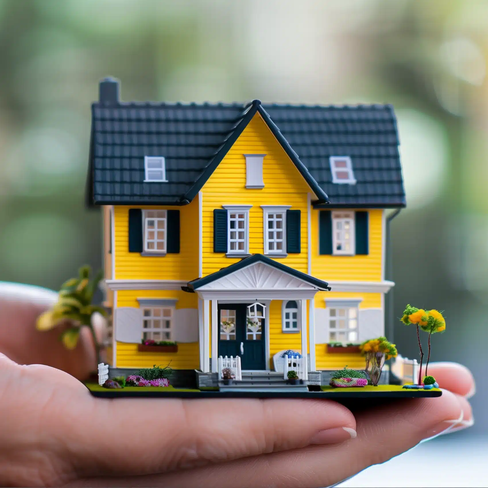 image-agence-prospection Une main tenant une maquette d'une maison jaune