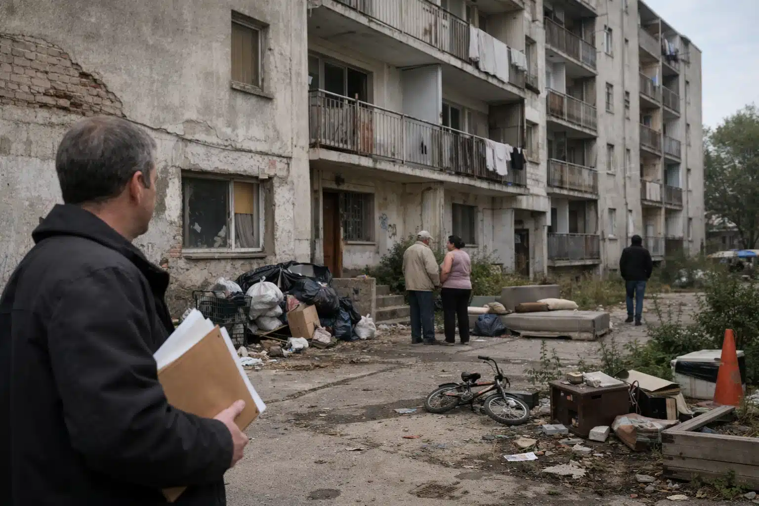 Immeuble délabré, sacs poubelle entassés, personnes discutant