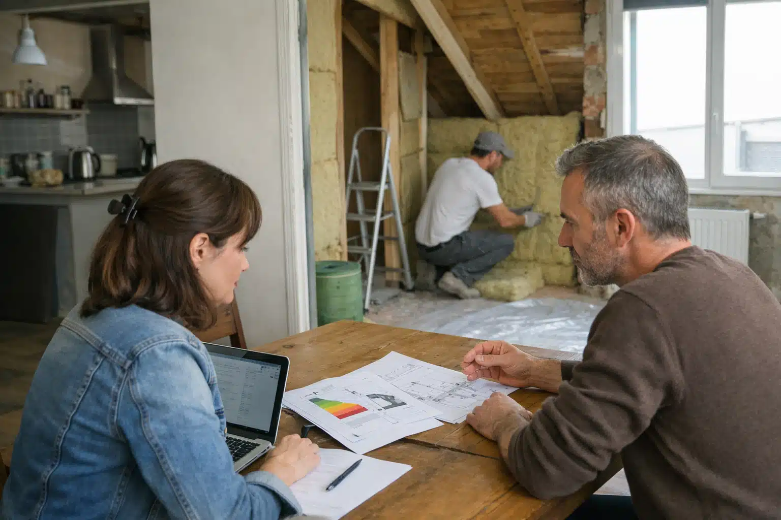 Femme et homme examinant plans pendant rénovation intérieure