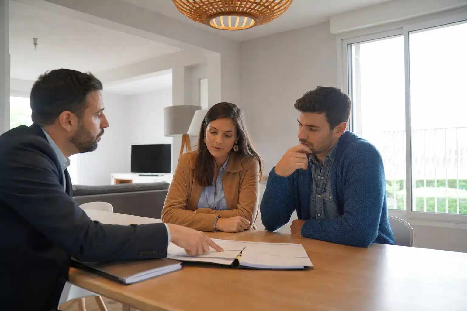 Trois personnes examinant un contrat autour d'une table