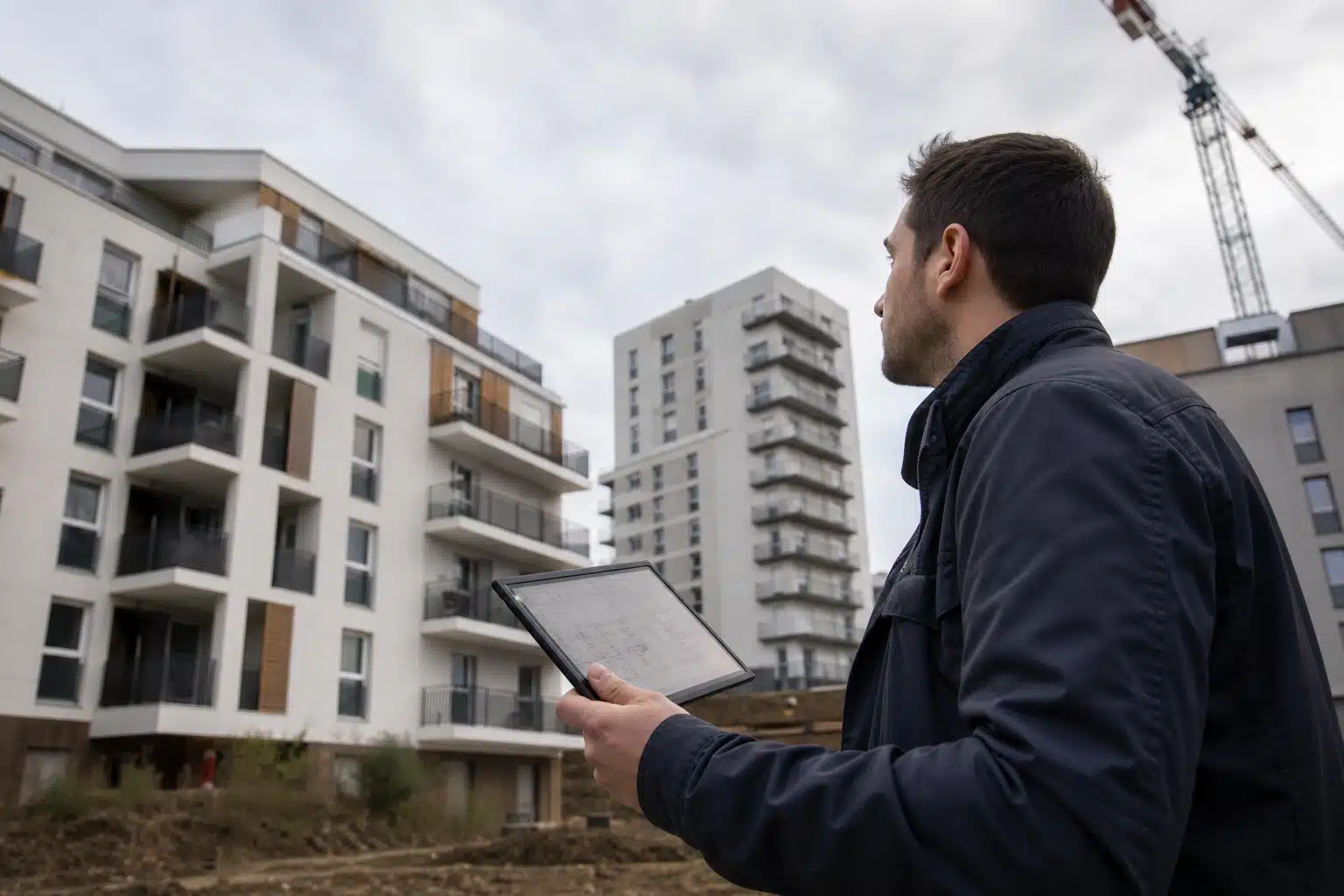 Homme tenant une tablette examinant des immeubles résidentiels modernes